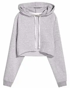 Ladies plain light heather grey french terry long reglan sleeves with white drawstring fashion cropped top hoodie
