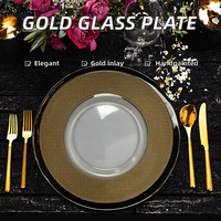 Assiette de présentation ronde en verre avec bord texturé doré, assiette de table de luxe pour mariage, restaurant et décoration de table de fête, vente en gros