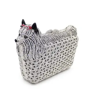 Parlak taş Rhinestones köpek şekli Mini kristal Bling bayanlar çanta el çantası akşam çanta ile kristal lüks