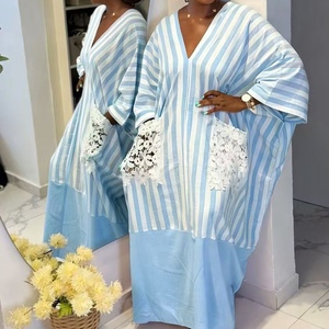 Robe longue caftan rayée grande taille pour femme avec poches en dentelle et ceinture, coupe ample décontractée, style africain tendance - Product Image 1