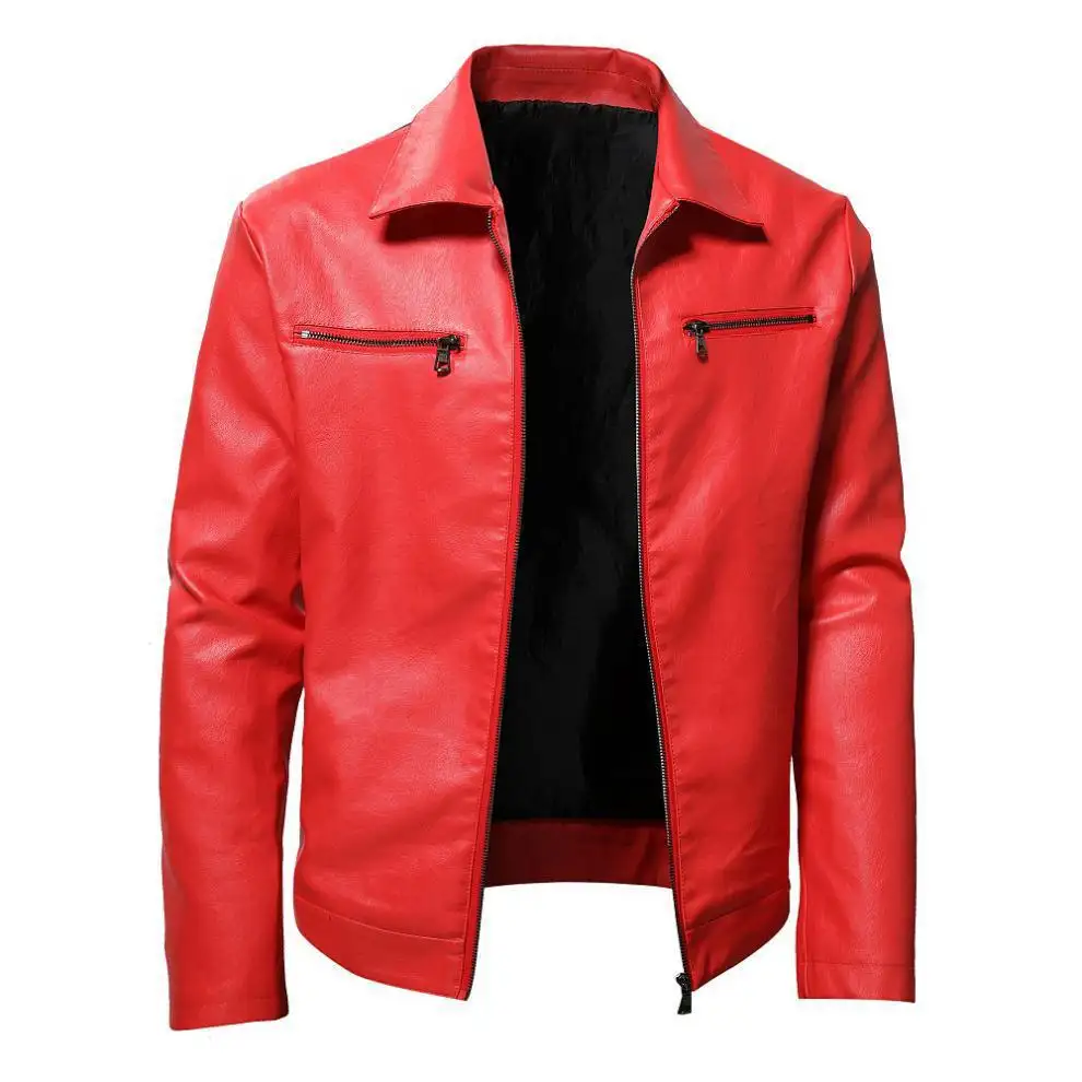 Autumn and winter plush leather jacket for men's slim fitting lapel leather jacket