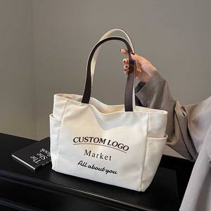 حقيبة تسوق قطنية بتصميم بسيط مع شعار مخصص، حقيبة حمل قماشية للسفر مع سحاب وزر إغلاق وجيب لزجاجة الماء - Product Image 4