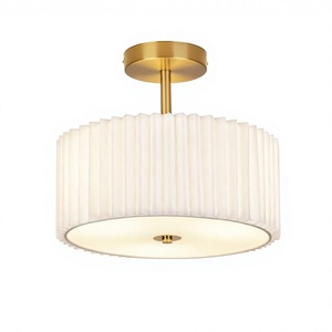 Modern Semi-Flush Mount Ceiling <b>Light</b> White Pleated Paper Shade Gold Brass Base 12.5 Inch Drum Shape Surface Mounted - Product Image 2