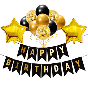 Set de Globos y Banderines de Cumpleaños, Decoración de Fiesta con Banderín Negro Dorado, Pentagrama de Lentejuelas y Corona - Product Image 4
