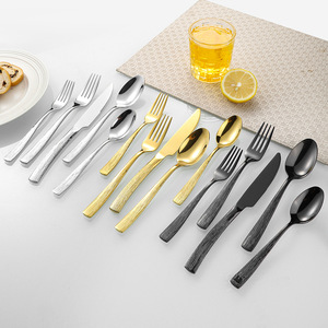 Nouveaux ensembles de <span class=keywords><strong>couverts</strong></span> de luxe en acier inoxydable, cuillères, fourchettes et couteaux à motif bois gaufré pour hôtel - Product Image 6