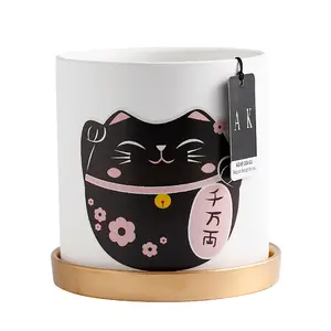 Cartone animato carino gatto fortunato vaso di ceramica con vassoio nordico animale rotondo vaso di fragola succulento vaso di piante verdi