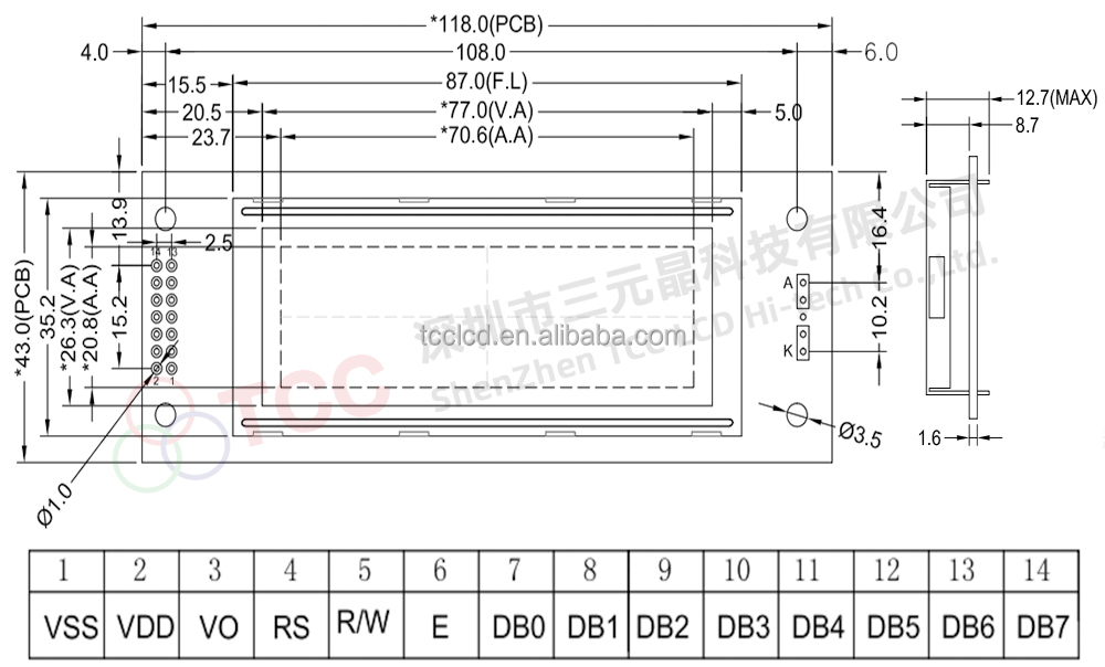 14-Pin 20x4 STN Monochrome LCD Display Module & Pin