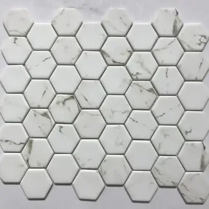 Mural decorativo con diseño de líneas de piedra natural blanca, azulejos de pared con forma hexagonal, mosaico de vidrio reciclado