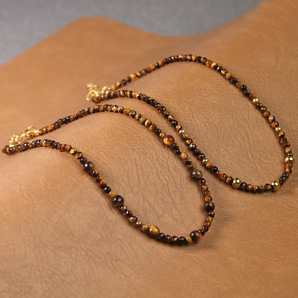 Nouveau Design 30 pouces 3 4 6 Mm pierre naturelle marron oeil de tigre perles en acier inoxydable fait à la main Long collier de perles