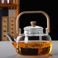 Théière en verre borosilicate de 1L, fabriquée à la main, soufflée à la bouche, écologique, résistante à la chaleur, ensemble de thé aux fleurs, couvercle en bambou de luxe