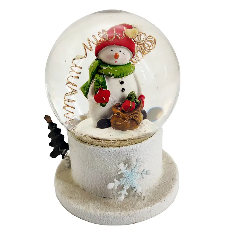 100MM Resin Craft Snow Globe Cute Cottage-Style Snowman with Glitter Glass Water Ball and LED Lights for Home Decor Souvenir