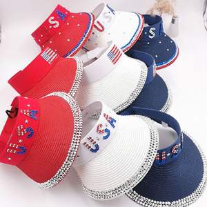 Femmes Été Extérieur Protection Solaire Large Bord Plage Lettres Drapeau Américain Strass Cristaux Visière Chapeau de Paille avec Pierres - Product Image 6