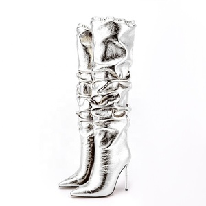 Big Size 47 Stiletto Style High Slim Heels Shoes Women Pointed Toe Pleated Knee High Boots on Top Stretch <b>Long</b> Booties - Product Image 5