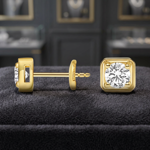 Bezel-Set Solitaire <b>Diamond</b> <b>Square</b> Stud <b>Earrings</b> - Product Image 2