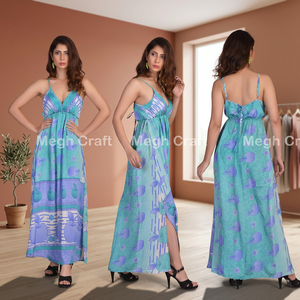 Indian Fusion Designer Summer Formal <b>Spaghetti</b> Strap Floral Print Party Wear Viscose Crepe Maxi Dress-Indo Western <b>Long</b> A-Line - Product Image 5