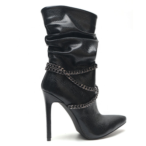 Pleated Shaft Metal Chain Decor Side Zip Pointy Toe Half Knee High Shoes Women <b>Boots</b> Thin Heel Warm Mid-calf Lady Big Size - Product Image 5