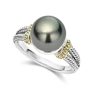 灰色珍珠戒指圆形925镀银订婚戒指简约时尚手工珠宝首饰批发