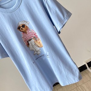 T-shirts à <span class=keywords><strong>manches</strong></span> <span class=keywords><strong>courtes</strong></span> pour femmes, nouveau style d'été, tissu en coton pur avec imprimé ours et broderie rayée - Product Image 5