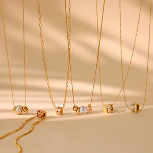 ชุดสร้อยคอเครื่องรางนำโชค ทอง 18K สแตนเลส ประดับเพชรพลอยสีชมพู ดีไซน์เรขาคณิต ของขวัญเครื่องประดับ - Product Image 3