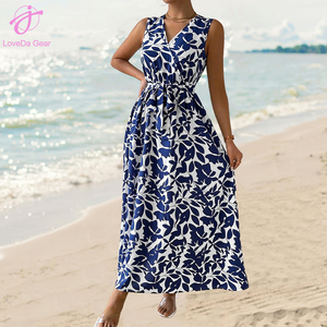 Loveda Wholesale 2025 Summer Women Beach <strong>Wear</strong> Polyester <strong>Blue</strong> Flower Printed V-neck Tie Maxi Dress - Product Image 2