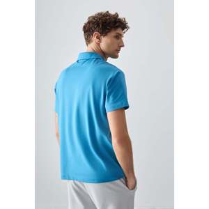 T-shirt basique pour homme en coton bleu pétrole, col polo, coupe ample, épais et doux, texturé - 88381 - Bleu pétrole - Product Image 5