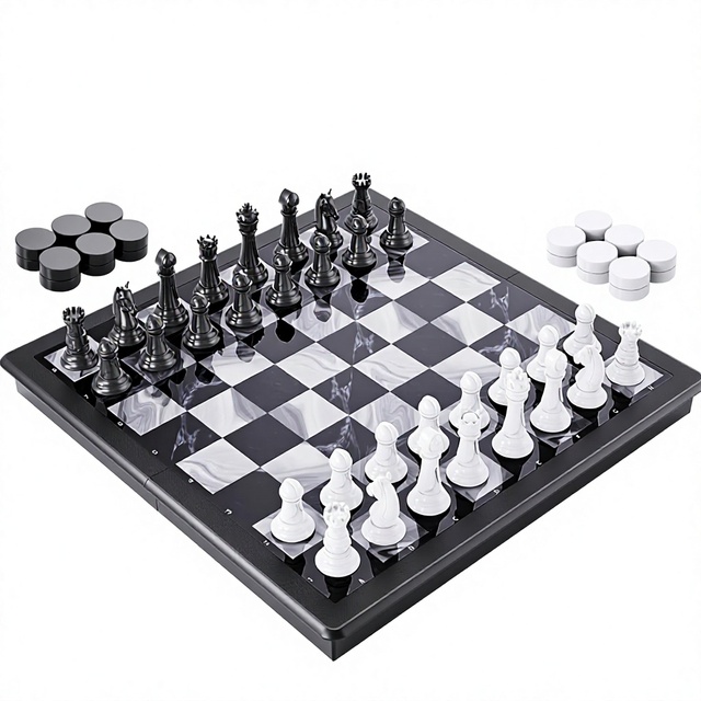 HONGTUO 2-in-1 Magnetic Chess & Checkers Set 13-inch Foldable Travel Board Game Durable Plastic for Kids & Adults
