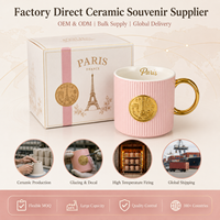 Mug à café en céramique Souvenir de Paris, France, avec la Tour Eiffel en relief et badge métallique doré 3D, en grès, personnalisable OEM ODM, vente en gros