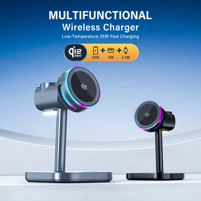 Desktop Magnetic Wireless Charger Stand 3 in 1 PD Fast Charging Station for Mobile Phone & Earphone with Flexible Design