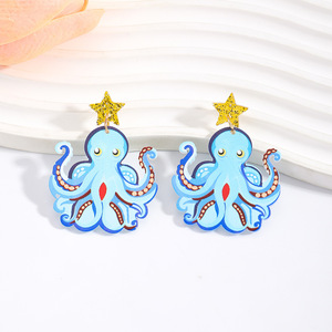 Pendientes Colgantes de Acrílico con Forma de <span class=keywords><strong>Pulpo</strong></span> Azul de Dibujos Animados y Estrella Dorada - Divertidos Pendientes de Animales Marinos para Mujer, Joyería de Playa - Product Image 2