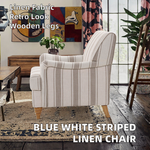 Fauteuil d'appoint traditionnel rembourré en tissu de lin rayé bleu et blanc avec pieds en bois, style vintage, meubles de salon - Product Image 2