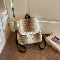 Sac à dos d'hiver pour femme, décontracté, en fausse fourrure, avec rabat, patchwork, imprimé cerf, doux, bordure en dentelle, cordon de serrage, pour ordinateur portable, idéal pour le sport et les voyages