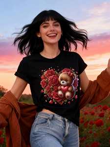 วาเลนไทน์แบร์ฮาร์ทโรสเสื้อยืดพิมพ์ลายผู้หญิงแขนสั้นคอกลมลำลองฤดูใบไม้ผลิฤดูร้อนผ้าฝ้าย 100% เสื้อเจอร์ซีย์ - Product Image 3