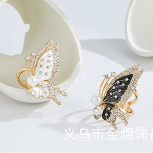 Butterfly Pearl Rhinestone Ring Gold Inlay Black White Fashion Accessory - Product Image 4