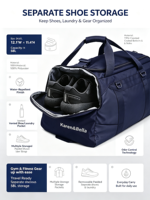 Sac de sport de voyage 58L en polyester hydrofuge avec technologie anti-odeur, bandoulière amovible pour la gym, OEM ODM