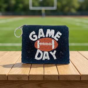 Jaunty Game Day <b>Football</b> Sewn Beaded Coin Purse Zipper Pouch <b>Canvas</b> Keychain Wallet Sport Style Mixed Colors Square Shape - Product Image 2