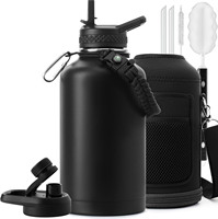 Bouteille d'eau isotherme en acier inoxydable grande capacité (64oz/84oz/128oz) avec paille, cordon de paracorde et sac