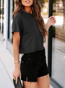 Camisetas recortadas informales de verano para mujer, Tops cortos sueltos de manga corta con hombros caídos, Camisetas Básicas de punto transpirables, cuello redondo - Product Image 3