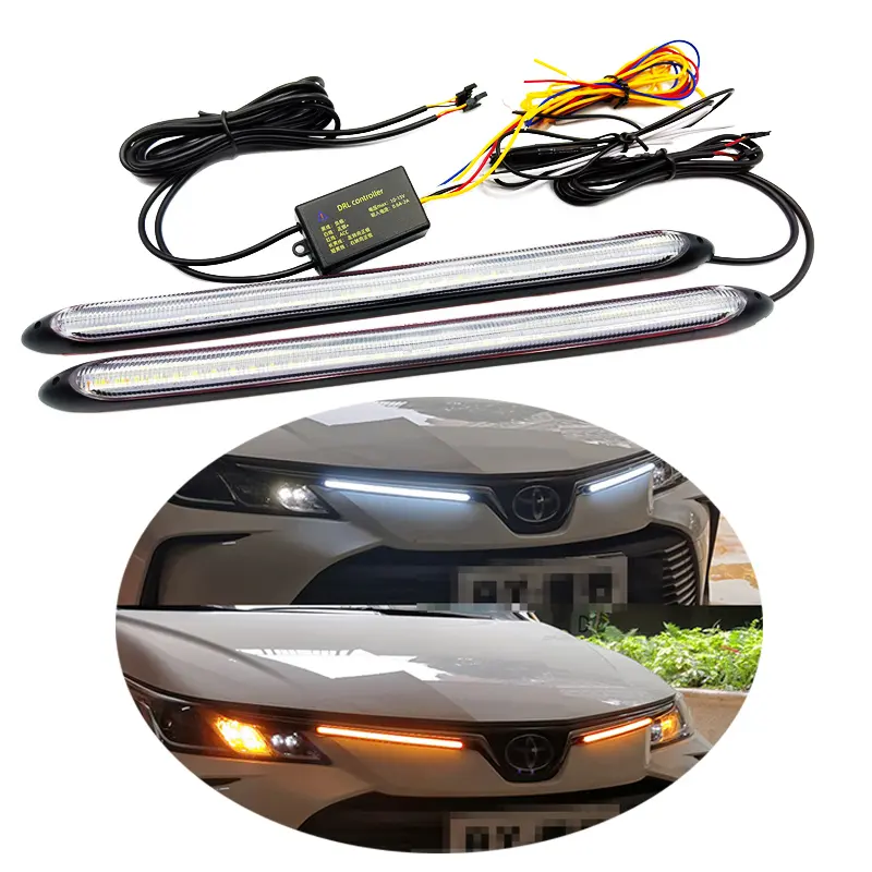 แถบไฟหน้ารถยนต์ LED สีขาวอำพัน,ยืดหยุ่นได้2ชิ้นปลดล็อกตามลำดับไฟ DRL LED สำหรับรถยนต์
