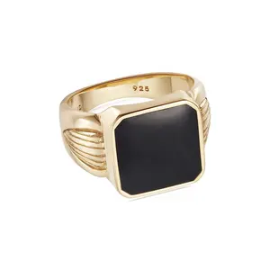 LYBURCHI Cincin Pria Berlapis Emas 18K, 925 Sterling Silver Palm Hitam Enamel Signet