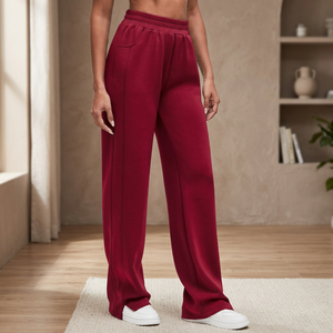 Women Mid Waist Straight Leg Fleece Sweatpants Distressed Drawstring Closure Solid Red Casual Full Length Regular Fit Summer - Product Image 1