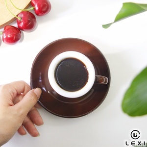 Taza Blanca de Borde Grueso con Platillo de Chocolate Brillante de Color Invertido, Par de Tazas Pequeñas para Espresso, Estilo Café Bar, Regalo al por Mayor LEXI - Product Image 1