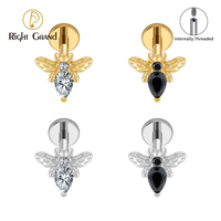 Cincin Labret Titanium Ulir Dalam Model Bee Drop Hitam CZ 16G Flat Back untuk Tindik Tulang Rawan, Conch, Helix, Bibir