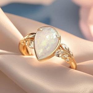 Anello A009 con Opale a Goccia, Placcato Oro, Montatura a Griffe, Gioiello Raffinato da Donna per Fidanzamento - Product Image 2