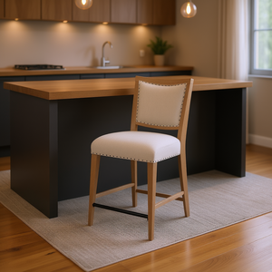 Sgabello da Bancone Color Sabbia con Rivestimento in Tessuto, Struttura in Legno, Arredamento Moderno Contemporaneo per Soggiorno - Product Image 2