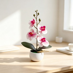 Orchidée Phalaenopsis Bonsaï Quatre Fleurs en Caoutchouc Souple avec Pot pour Décoration de Bureau Jaune Blanc Rose Vert - Product Image 4