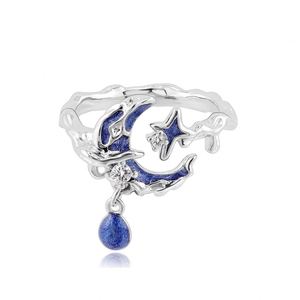 Anillo de Acero Inoxidable Y2K Irregular con Banda de Luna Azul y Estrella, Anillo Abierto Ajustable con Gota de Aceite, Joyería de Boda - Product Image 1