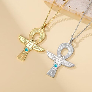 Collana in Acciaio Inossidabile con Croce Ankh e Scarabeo per Donne, Ciondolo Chiave della Vita della Dea Egizia Iside - Product Image 4