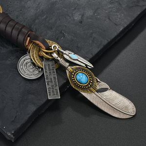 Collar de Cuero Vintage con Pluma Turquesa India <span class=keywords><strong>y</strong></span> Colgante de Moneda Grabada para Hombre, Joyería para Motero, Vaquero, Suéter Vaquero - Product Image 2