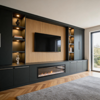 Meja TV Kayu Modern Mewah dengan Lampu LED Ambient, Desain yang Dapat Disesuaikan untuk TV 65"+, Furnitur Ruang Tamu Rumah yang Tahan Lama