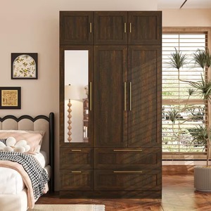 Armoire moderne en bois de noyer brun MDF de 47 pouces avec 4 tiroirs, 6 étagères, 1 <span class=keywords><strong>barre</strong></span> de suspension, porte miroir, placard de chambre à coucher - Product Image 1